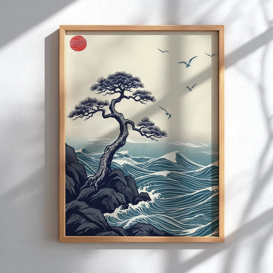 Poster featuring a gnarled pine tree on coastal rocks with blue ocean waves