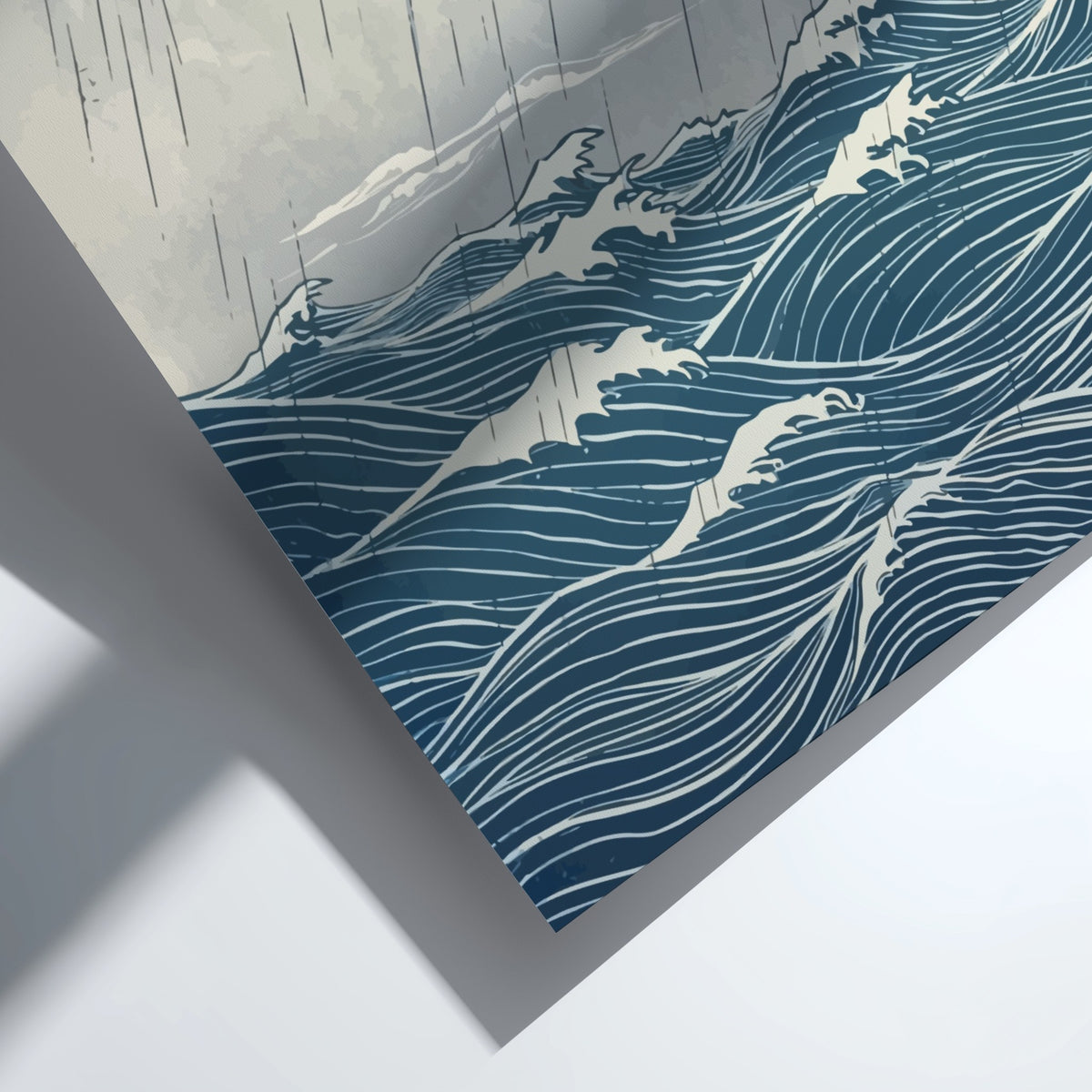 Poster featuring deep blue ocean waves, heavy rain, and a red sun above.