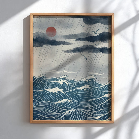 Poster featuring deep blue ocean waves, heavy rain, and a red sun above.
