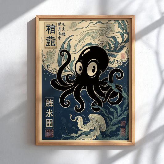 Poster featuring a black octopus swimming among jellyfish in a Japanese woodblock style