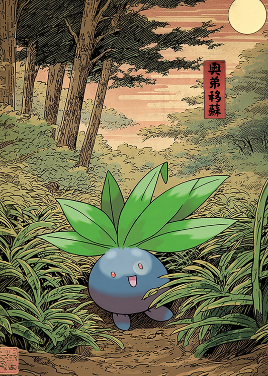 Oddish Pokémon character with a blue body and green leaves in a forest setting