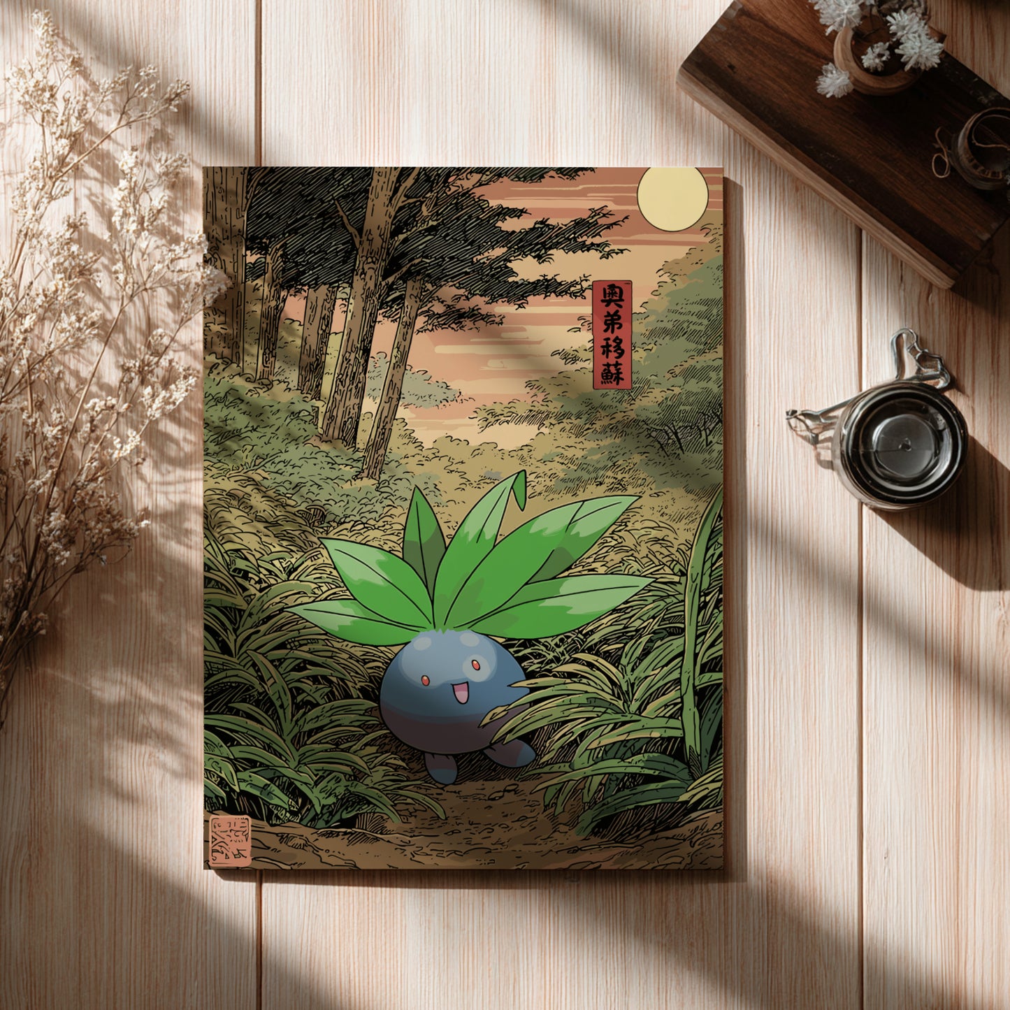 Wooden board with a nature-themed illustration of Oddish Pokémon on a wooden surface.