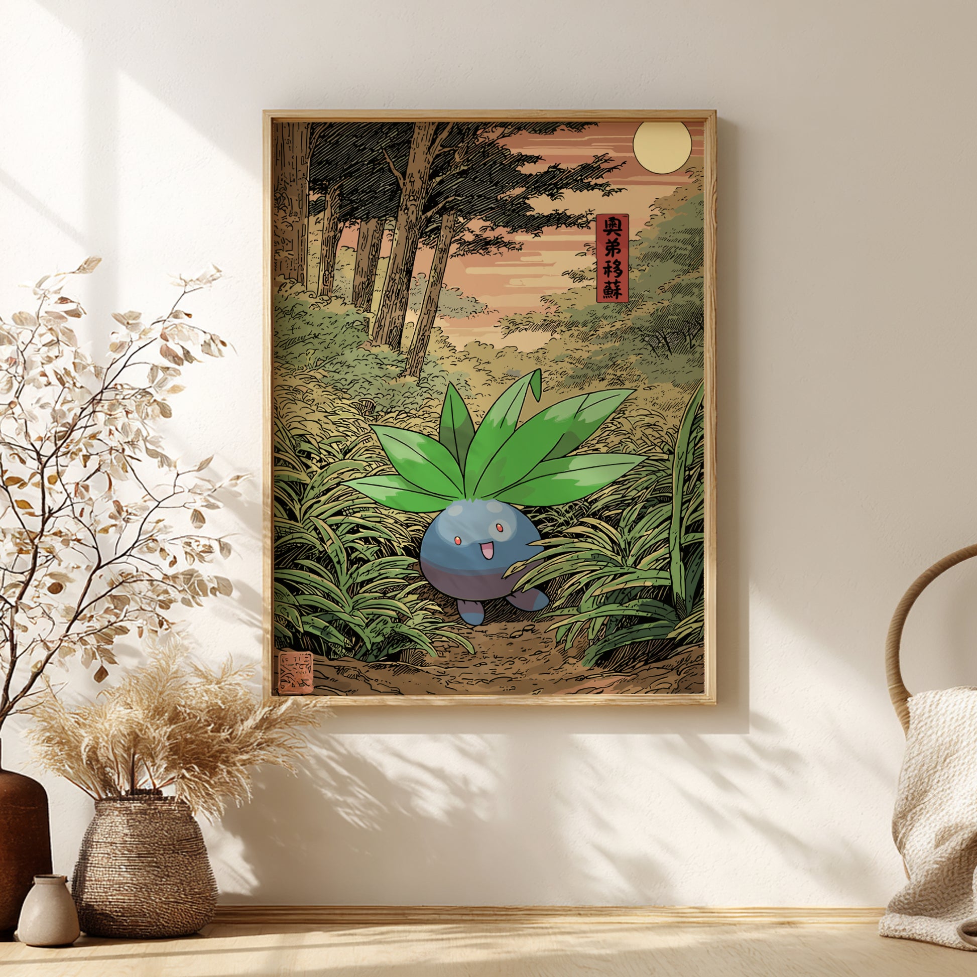 Framed artwork of Oddish Pokémon character in a forest setting on a wall.