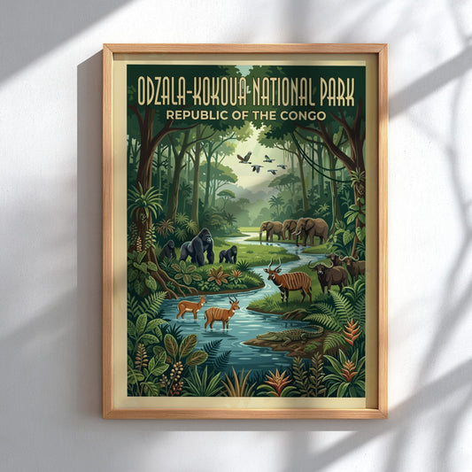 Odzala-Kokoua National Park poster featuring lush jungle, wildlife, and a serene river in vibrant colors.