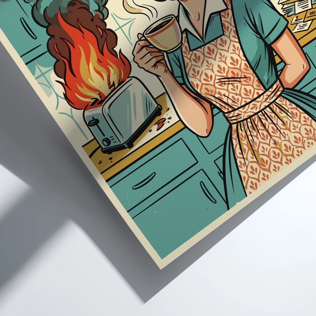 Poster featuring a retro woman holding coffee while a toaster burns in the background.