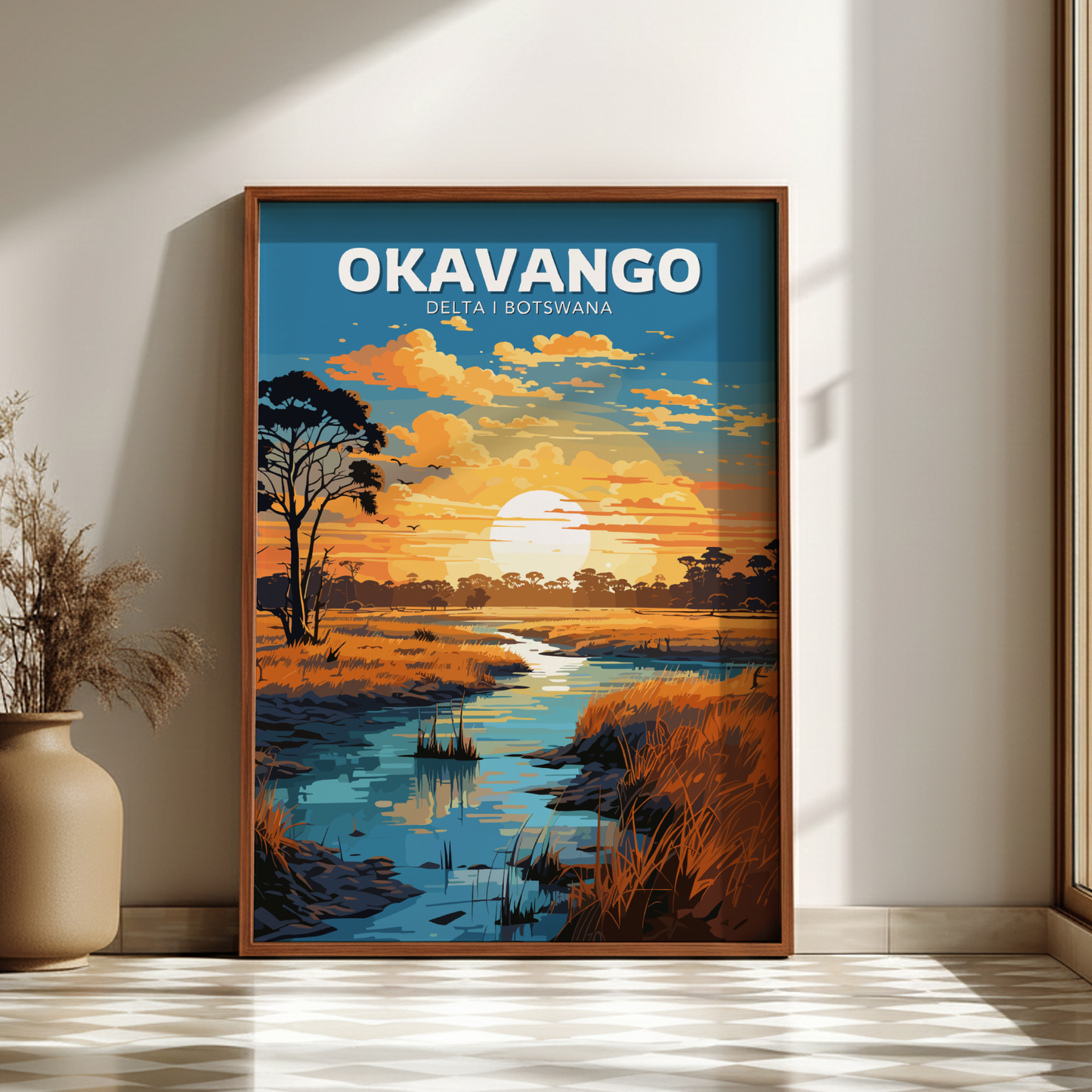 Framed artwork of the Okavango Delta in Botswana with a sunset over water and trees.