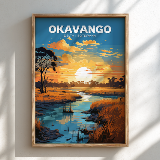 Framed artwork of the Okavango Delta in Botswana with a sunset over water and trees.
