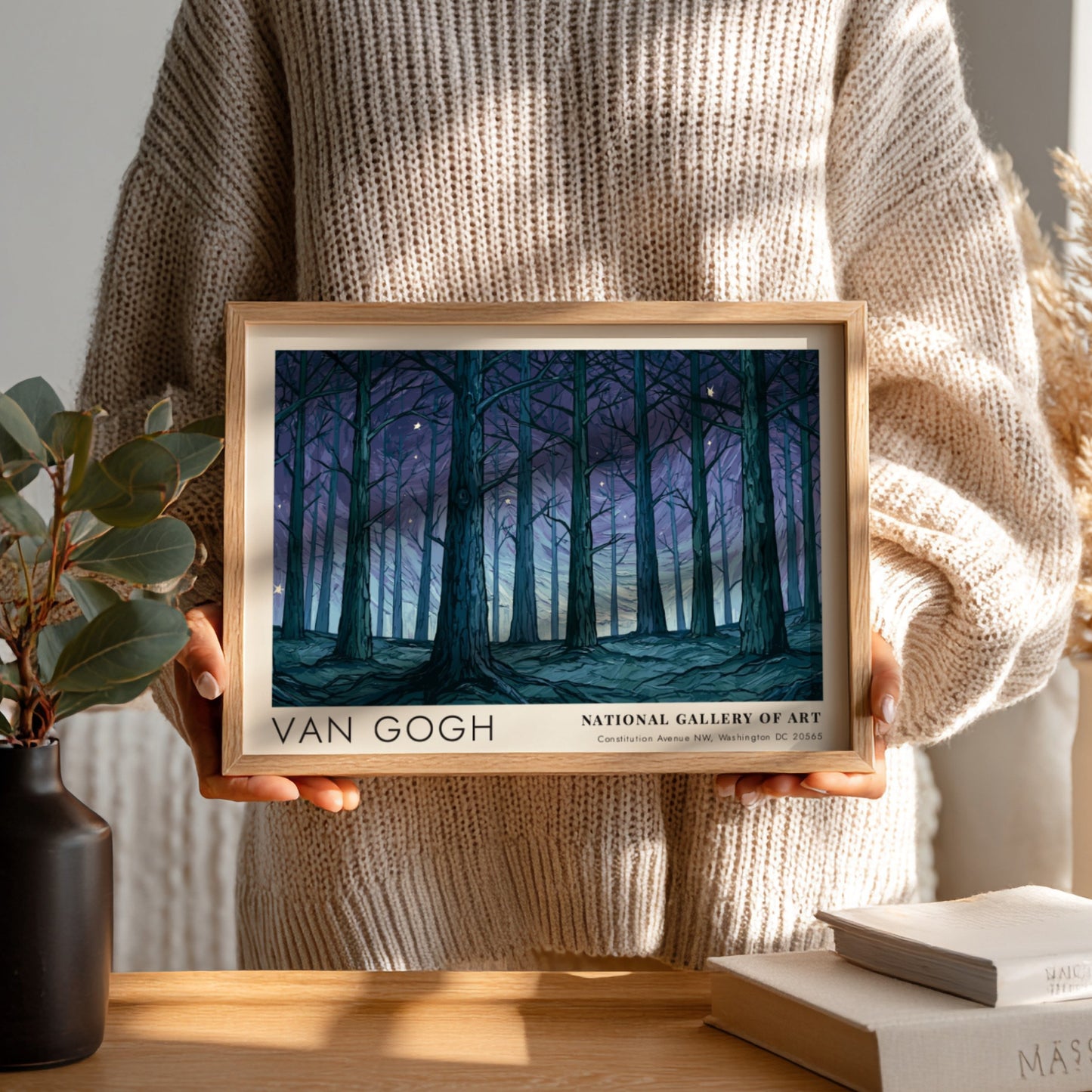 Olive Grove poster featuring Van Gogh's enchanting forest art with deep blues and greens