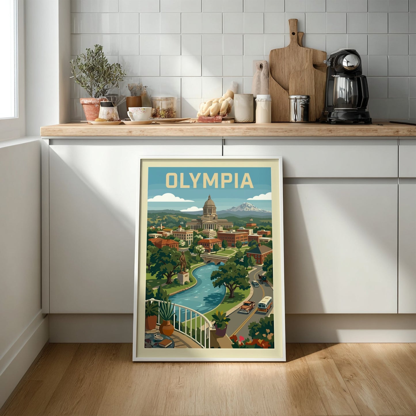 Retro style poster of Olympia, Washington cityscape featuring the Capitol Building, river, and mountains in a