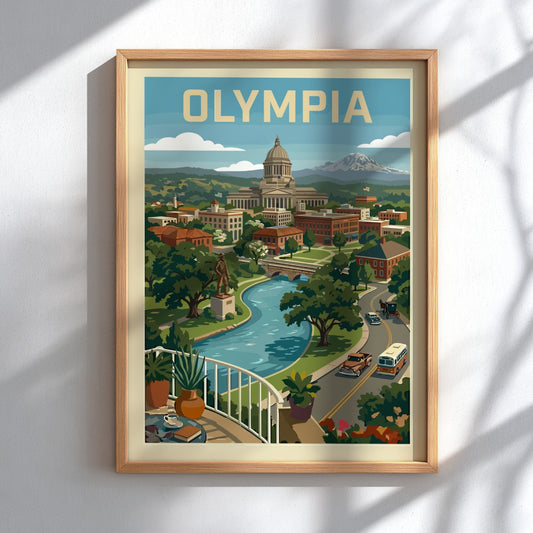 Retro style poster of Olympia, Washington cityscape featuring the Capitol Building, river, and mountains in a