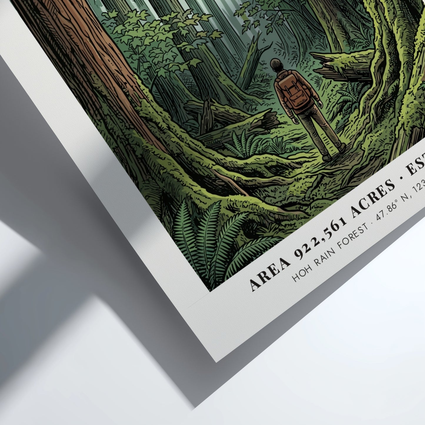 Poster featuring a hiker standing in the dense, mossy Hoh Rain Forest of Olympic.
