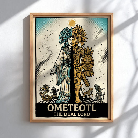 Poster featuring Ometeotl The Dual Lord in a split blue and gold Aztec design.