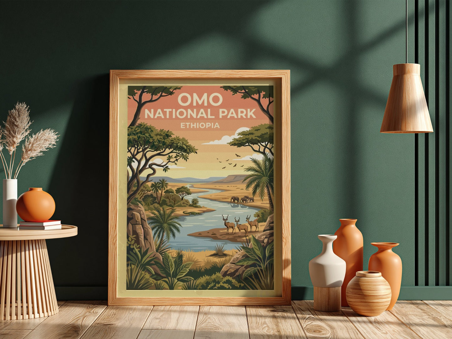 Omo National Park poster featuring vibrant landscape, wildlife, and lush greenery in warm colors