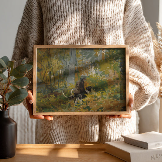 Winslow Homer's 'On the Trail' drawing featuring a person and dogs in a forest, rendered in warm earth tones.