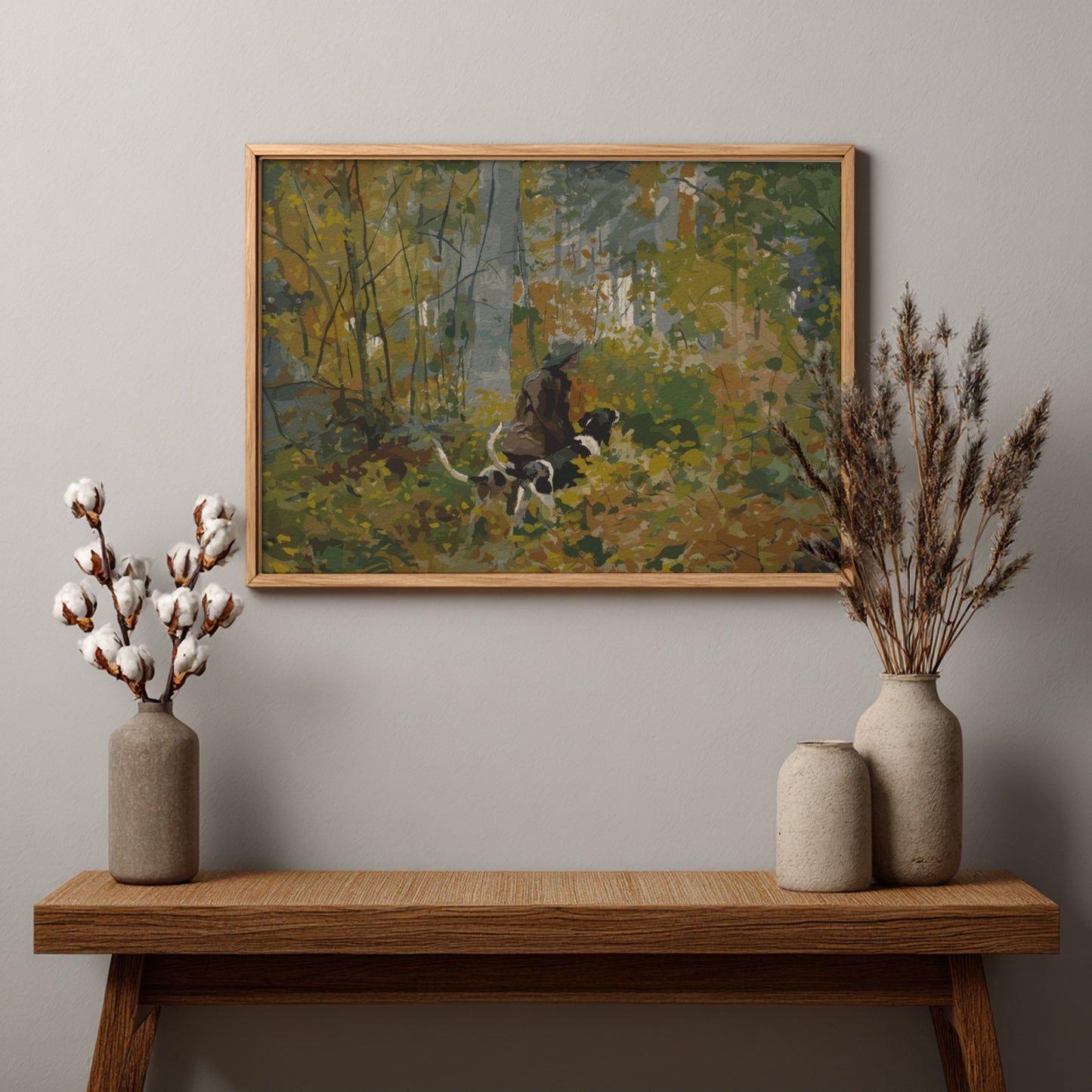 Winslow Homer's 'On the Trail' drawing featuring a person and dogs in a forest, rendered in warm earth tones.