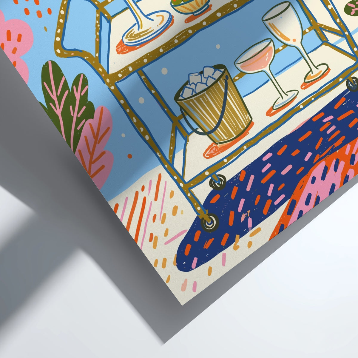 Poster featuring a bar cart with an orange spritz, bubbly, and olives in vibrant colours.
