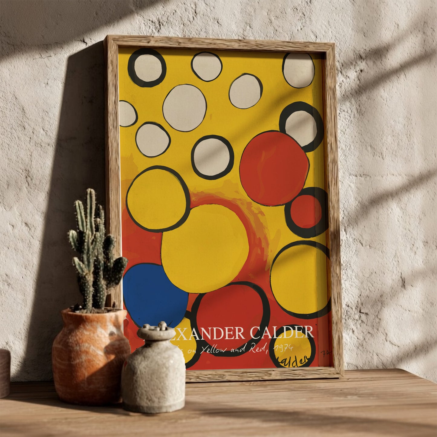 Poster of Alexander Calder's 'Orbs on Yellow and Red' featuring abstract circles in yellow, red, and blue on
