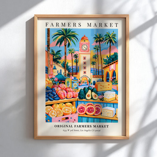 Original Farmers Market poster featuring colorful produce and Los Angeles scenery