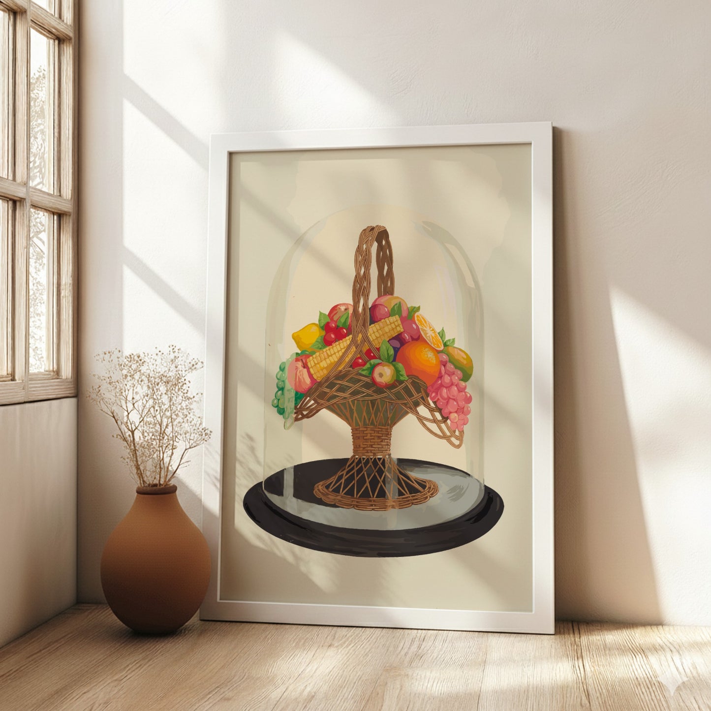 Famous Art Poster of "Ornament, Wax Fruit under Glass Globe" still life with vintage fruit and basket.