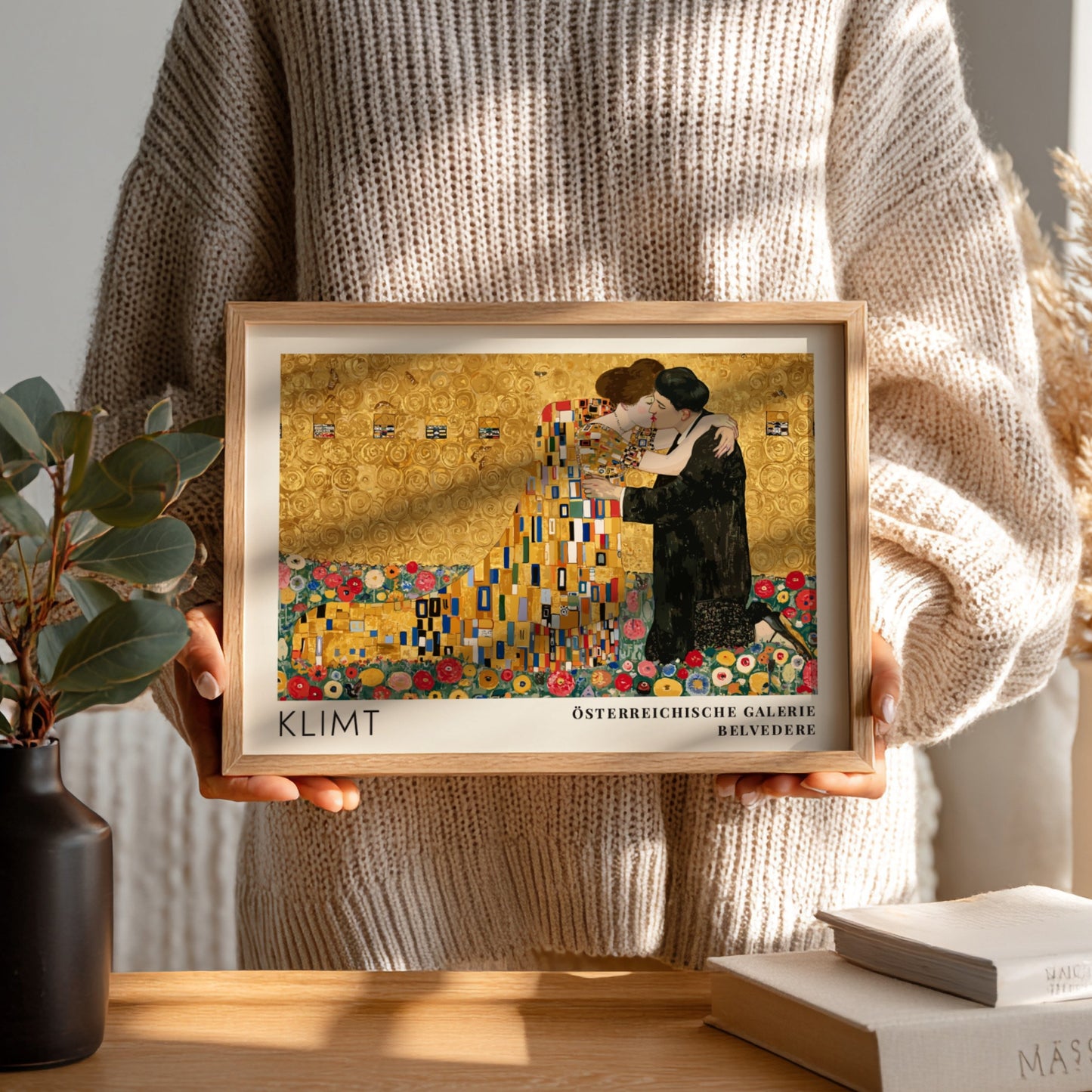 Ornament und Gold wall art print featuring Klimt's romantic embrace in gold tones