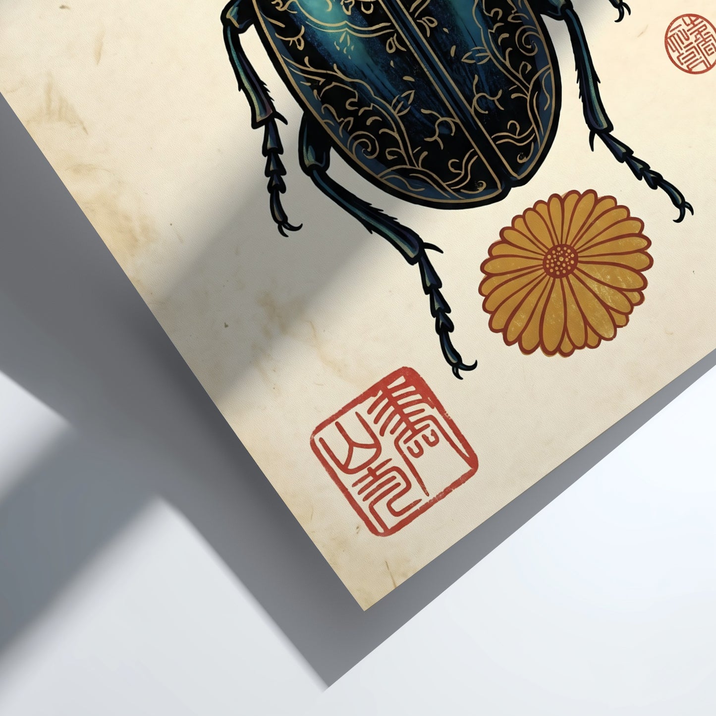 Ornate Blue Beetle Poster - Japanese Art Style Decor