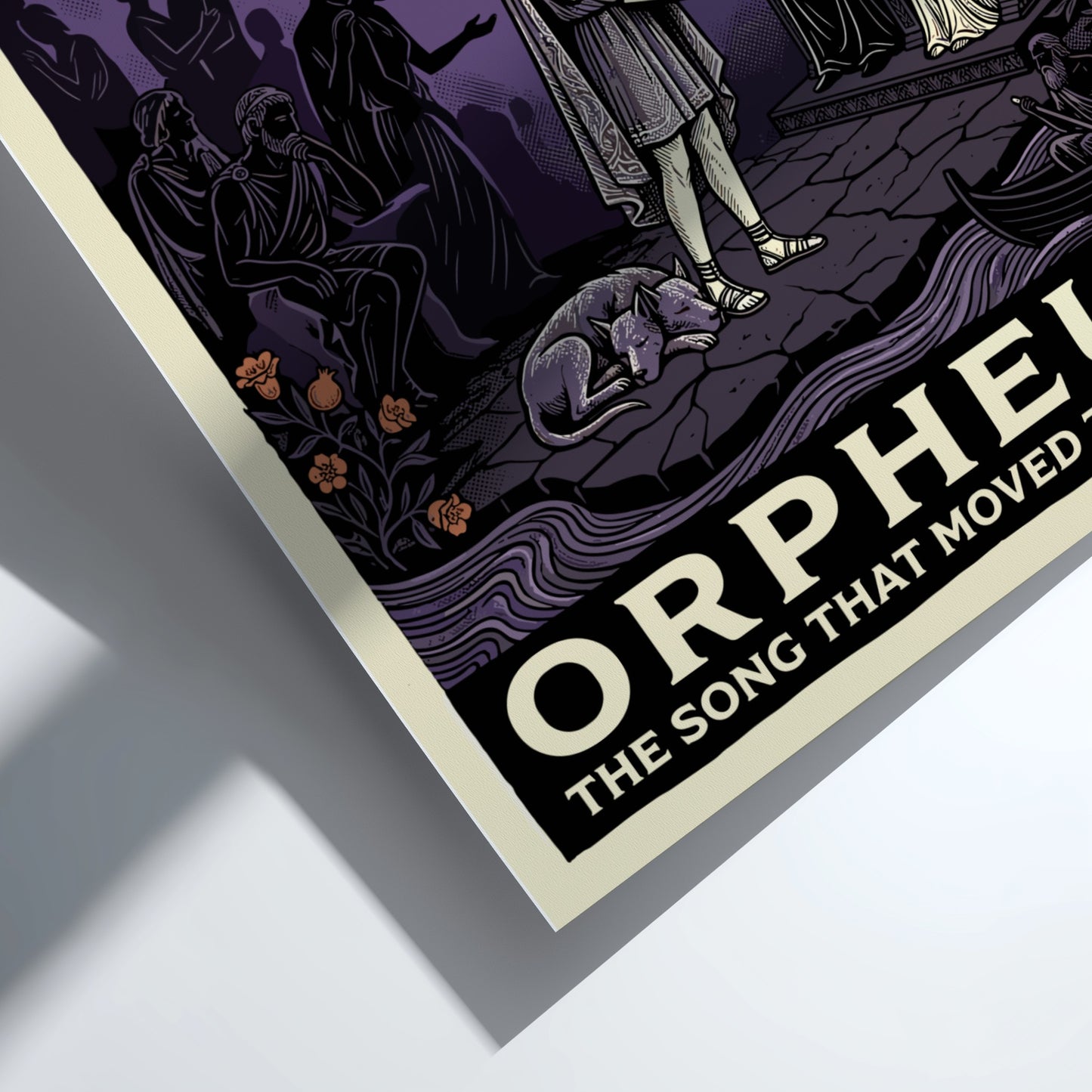 Orpheus poster featuring the musician playing a lyre before Hades and Persephone in a mythological scene with