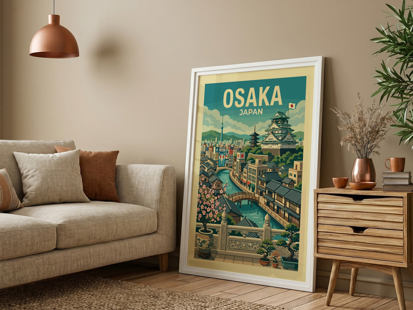 Osaka Japan travel poster featuring a vintage illustration of the city with its castle and canal, in green
