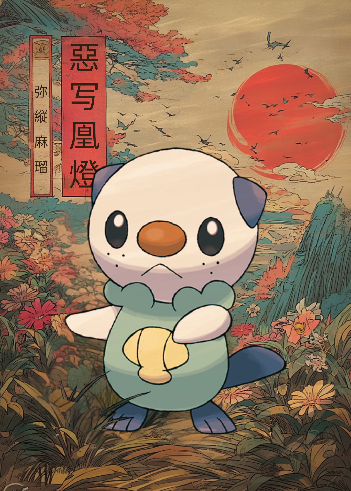 Oshawott Pokemon with a traditional Japanese design background