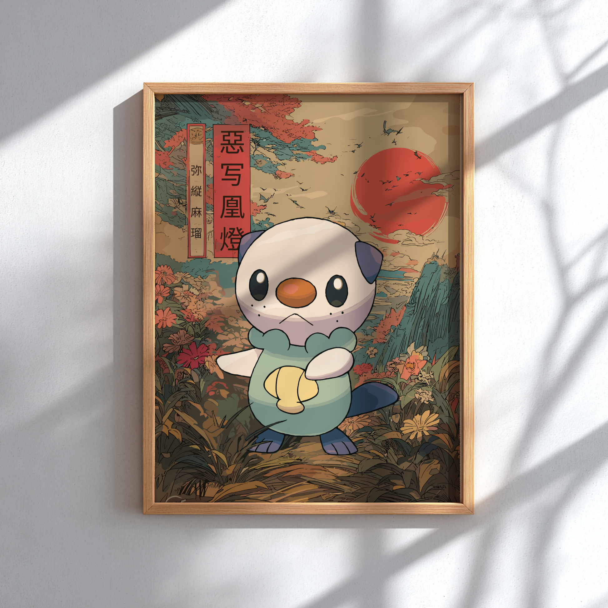 Framed artwork with a Oshawott Pokemon character in a traditional Japanese setting