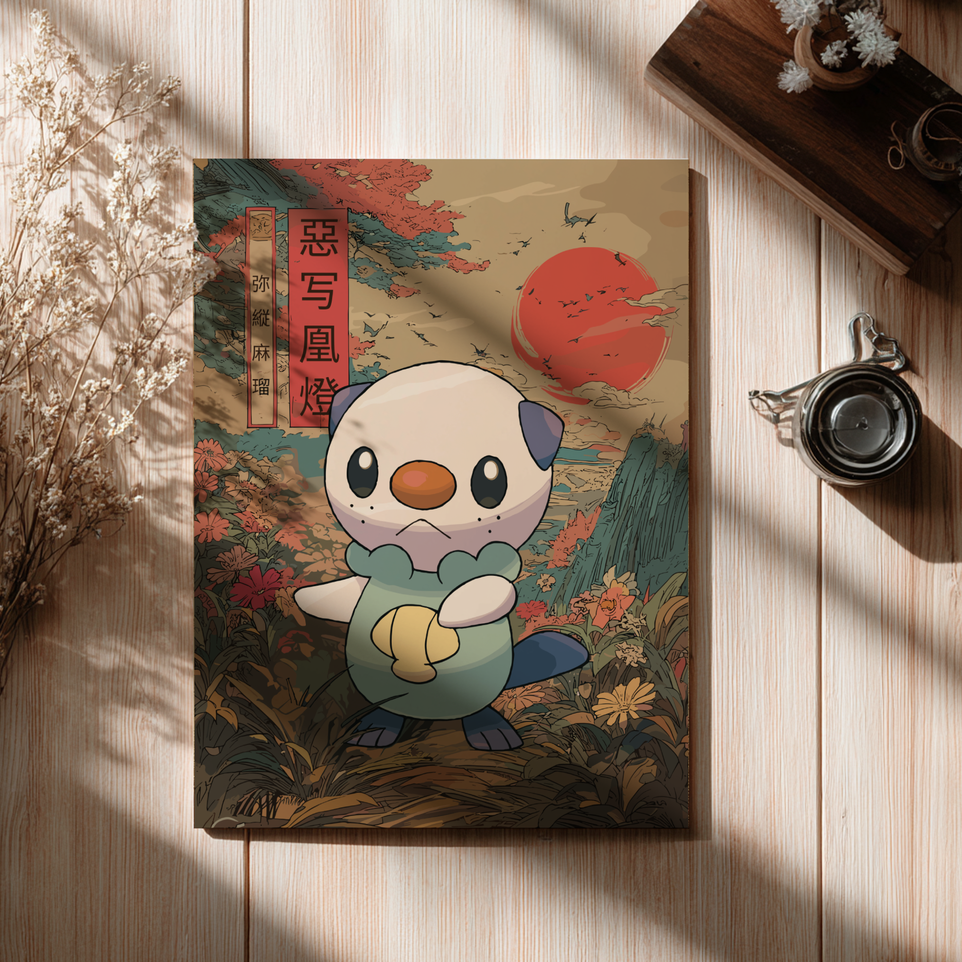 Poster with a Oshawott Pokemon design on a wooden surface