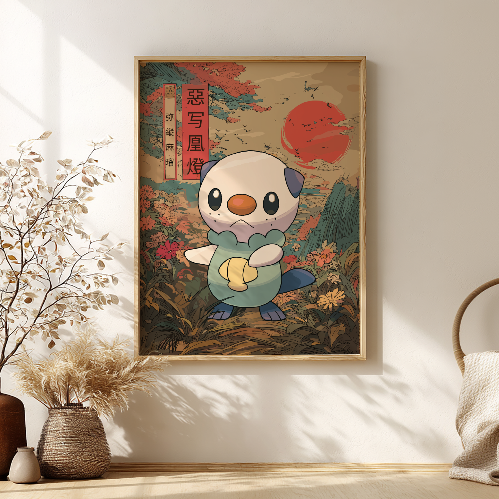 Framed artwork of a Oshawott Pokemon character in a Japanese-style setting on a wall.