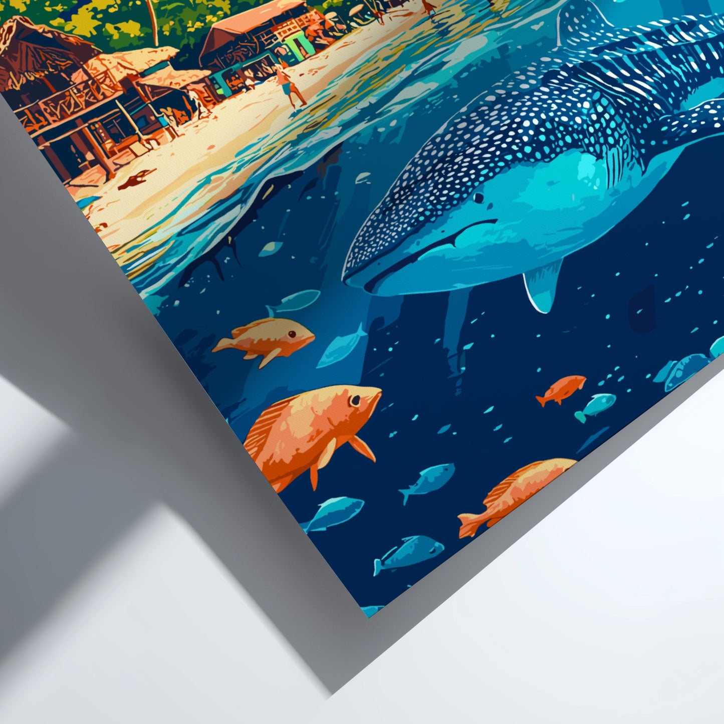 Poster design with a whale shark and fish underwater scene, transitioning to a beach view.