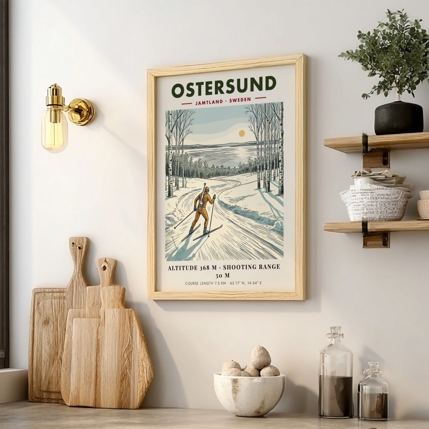 Poster of a biathlete skiing through a snowy Swedish birch forest at sunset.