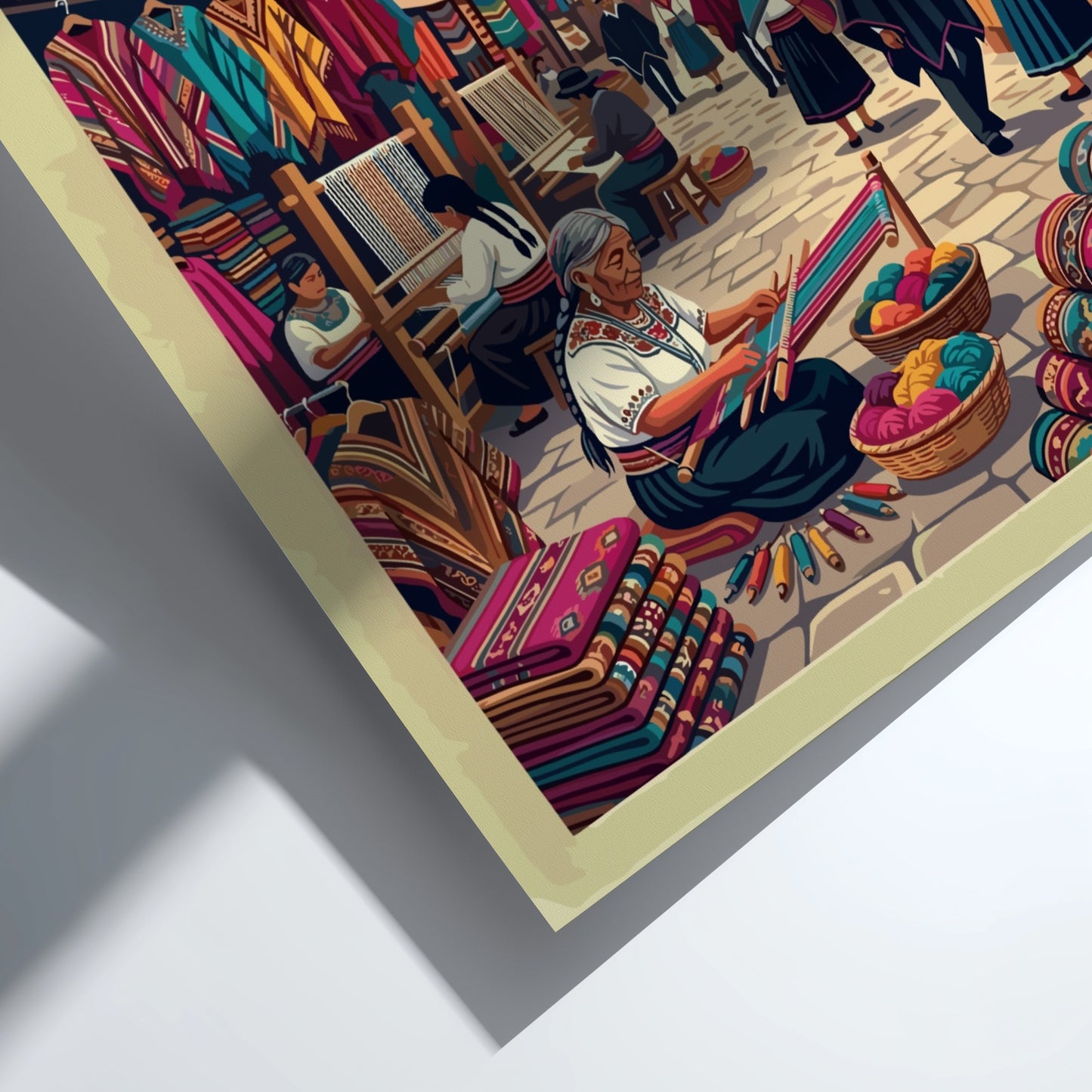 South America travel poster featuring the Otavalo market with artisans, textiles, and volcanoes.