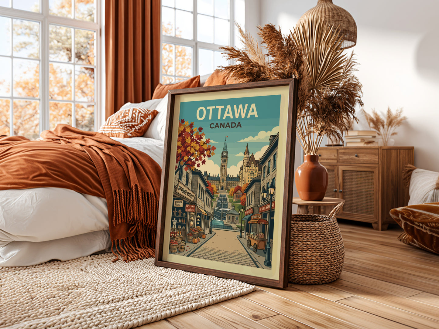 Retro travel poster of Ottawa, Canada, showcasing Parliament Hill and Byward Market in autumn.