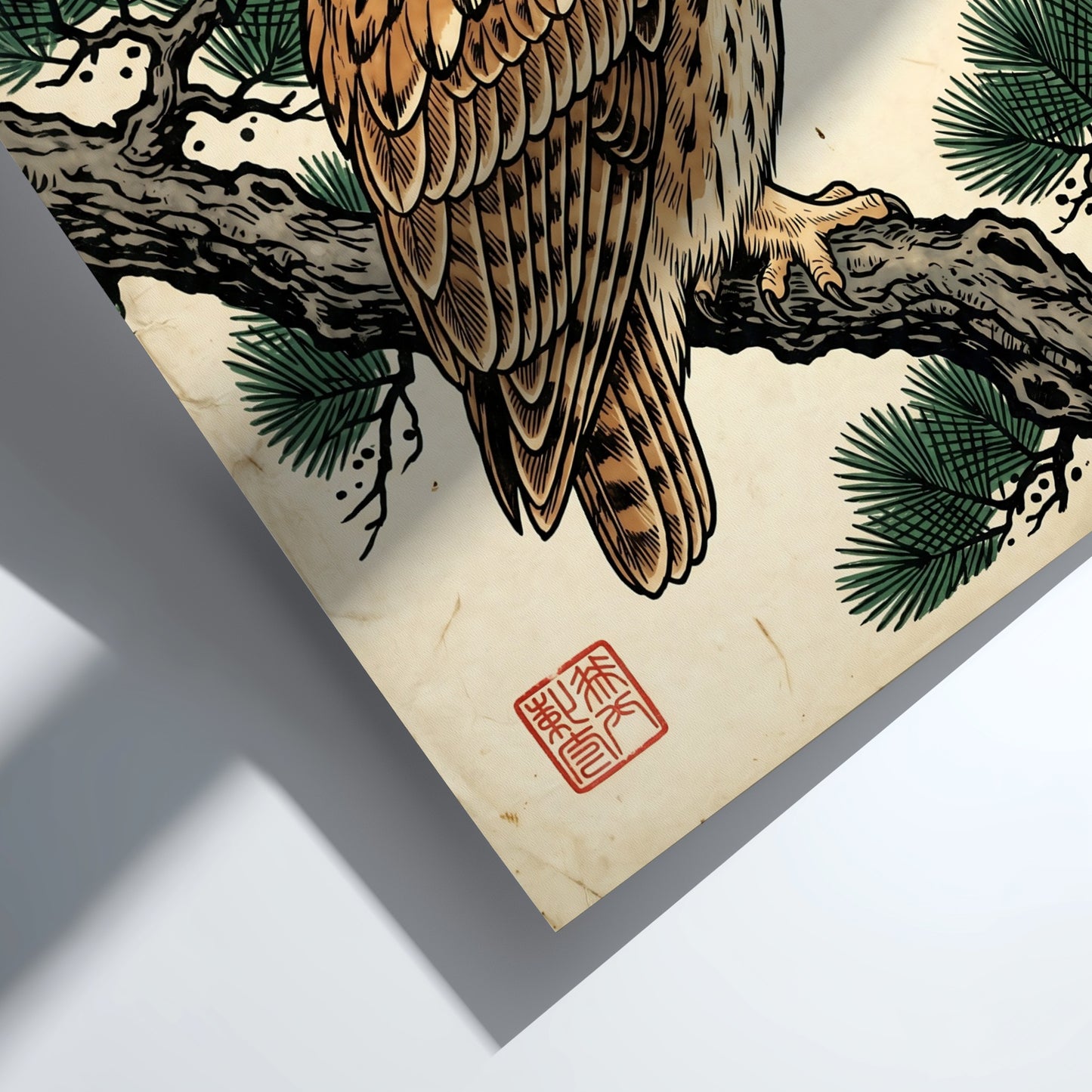 Japanese art style poster featuring an owl on a pine branch with warm earthy tones