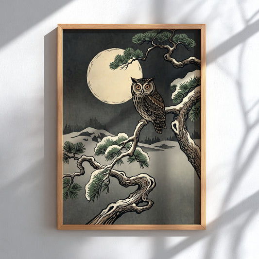 Owl Winter Moon poster featuring an owl in Japanese art style with muted colors and a full moon