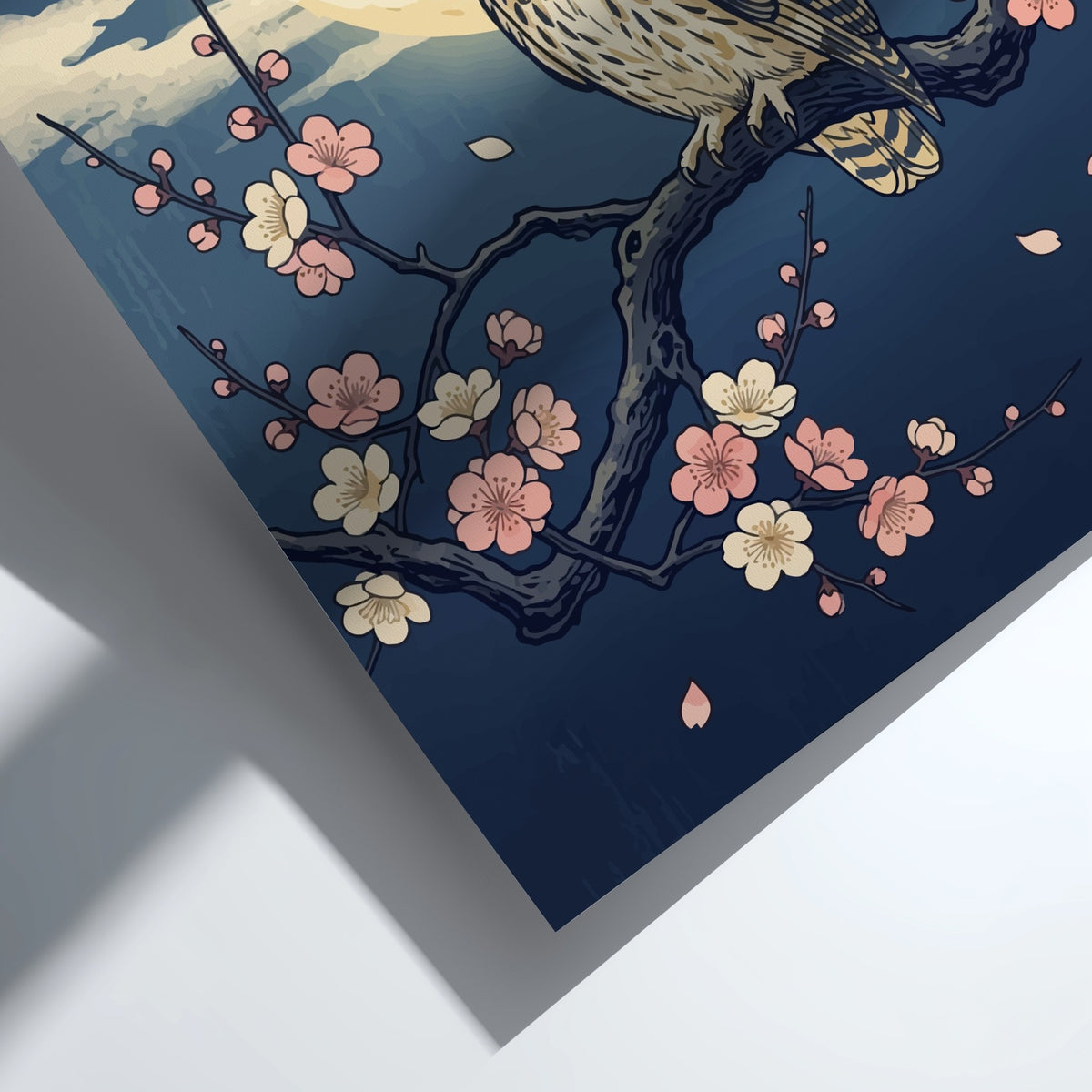 Owl perched on a plum blossom branch against a large full moon night sky
