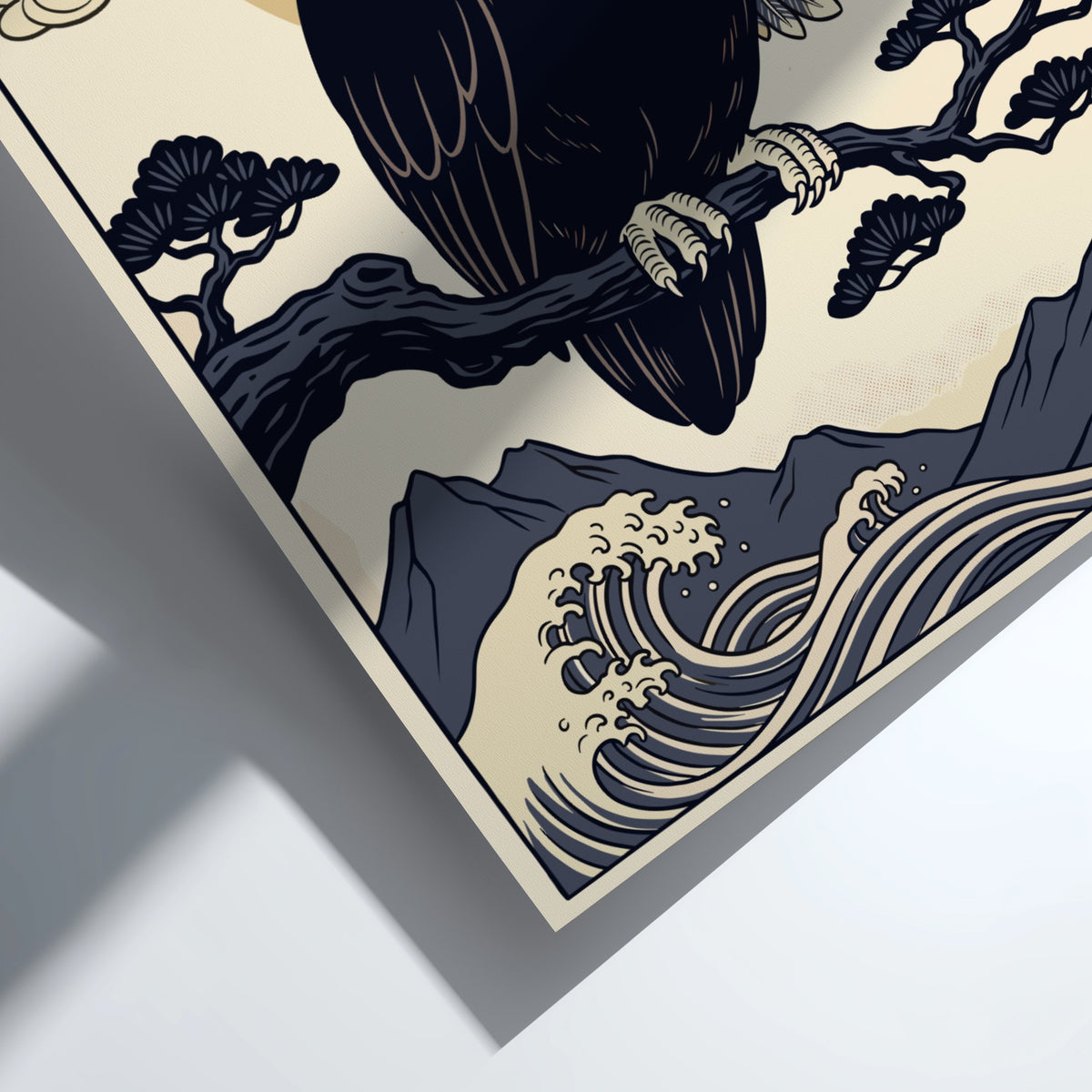 Poster featuring a black owl holding a coffee cup in Japanese woodblock style