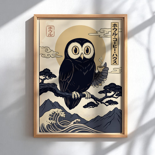 Poster featuring a black owl holding a coffee cup in Japanese woodblock style