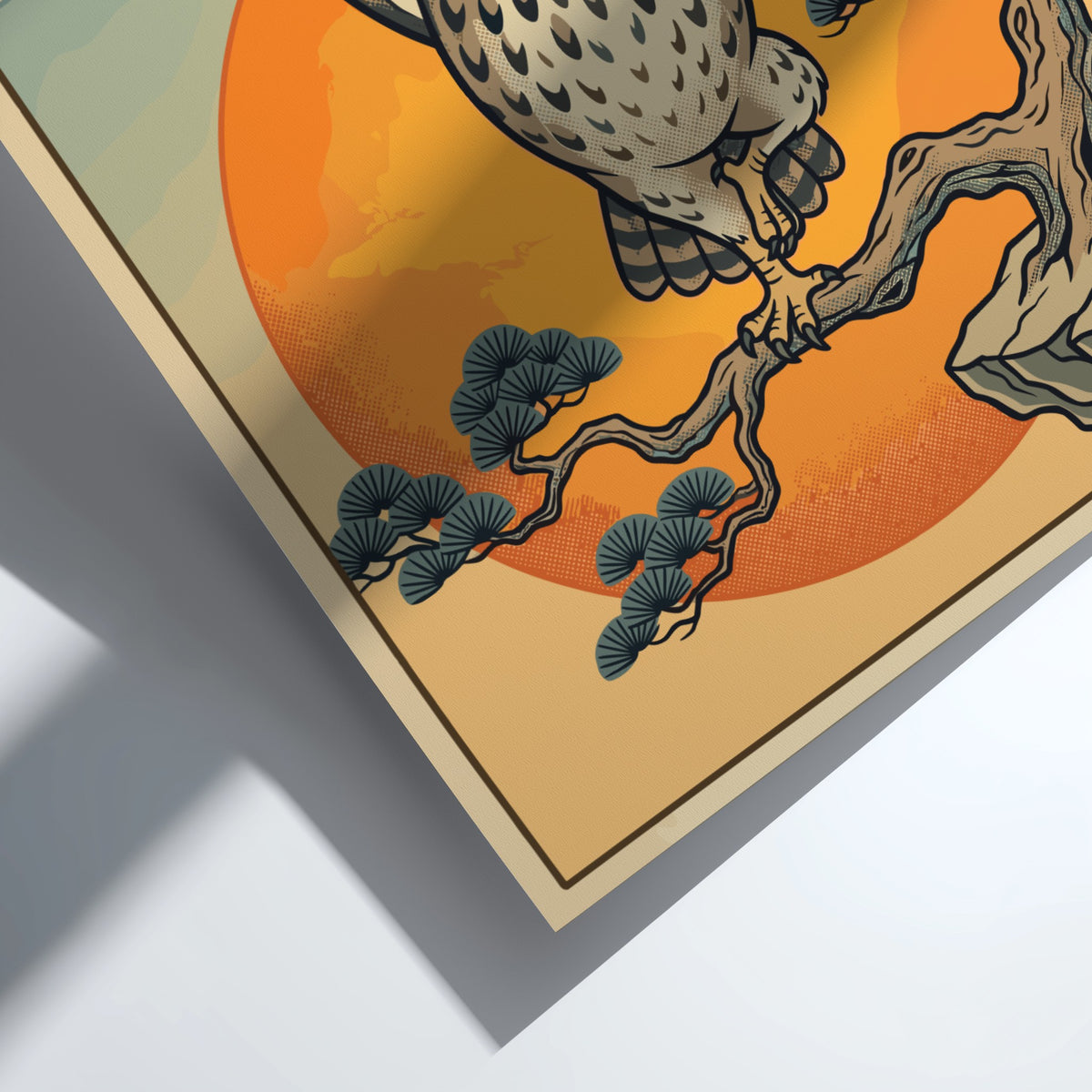 Poster featuring an owl in a yoga tree pose against a large orange sun