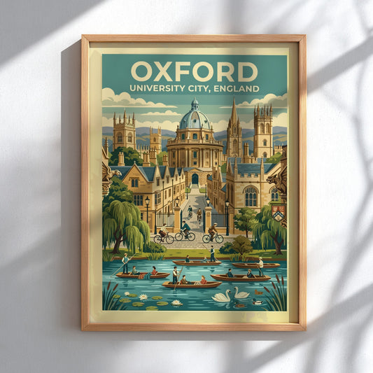 Travel poster of Oxford University City featuring stone buildings, cyclists, and river boats.