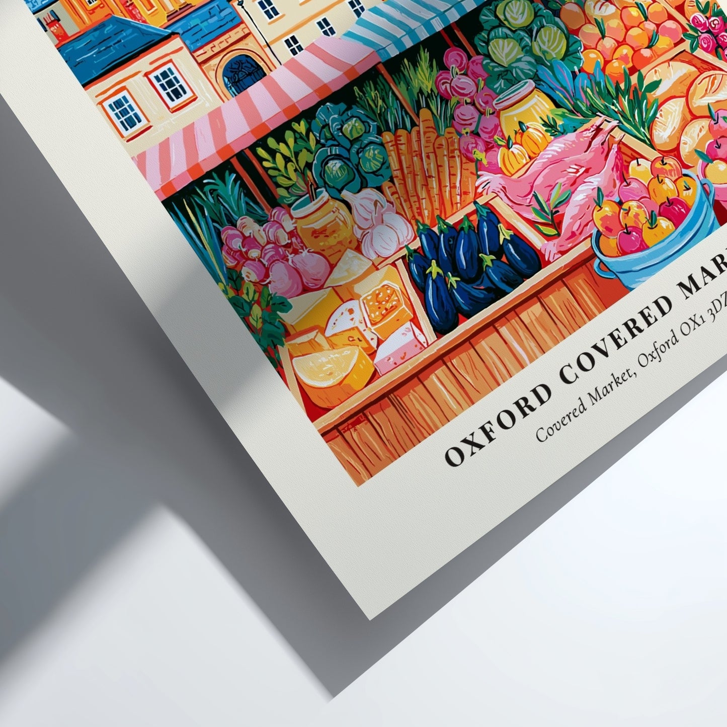 Oxford Covered Market poster featuring colorful produce and market stalls in a vibrant style