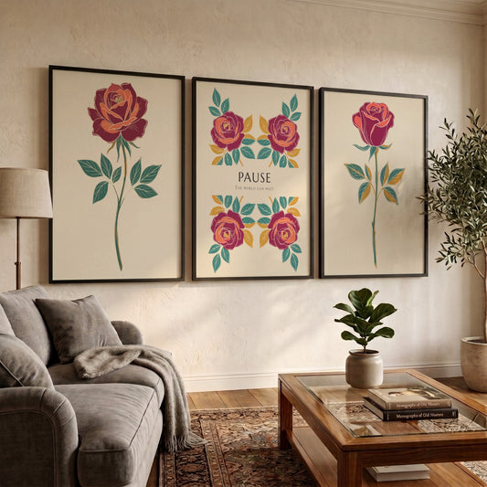 Poster triptych featuring rose illustrations and the word Pause on a cream background.