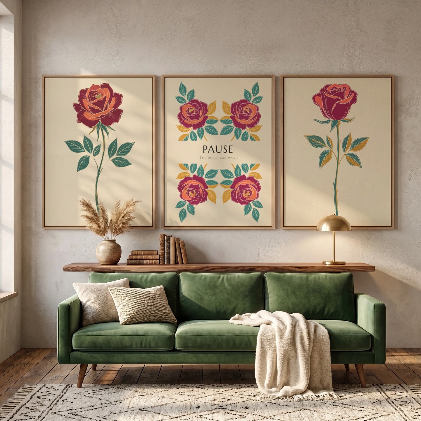 Poster triptych featuring rose illustrations and the word Pause on a cream background.