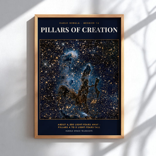 Poster of the Pillars of Creation in the Eagle Nebula with golden stars