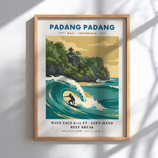 Padang Padang surf break travel poster showing a surfer in a turquoise wave