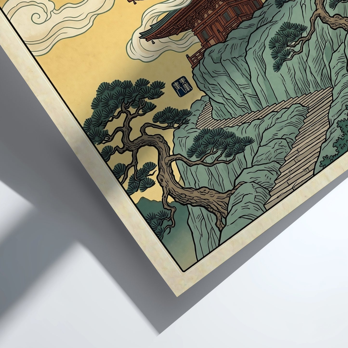Japanese art style poster featuring a pagoda on a mountain with clouds, warm colors and traditional design