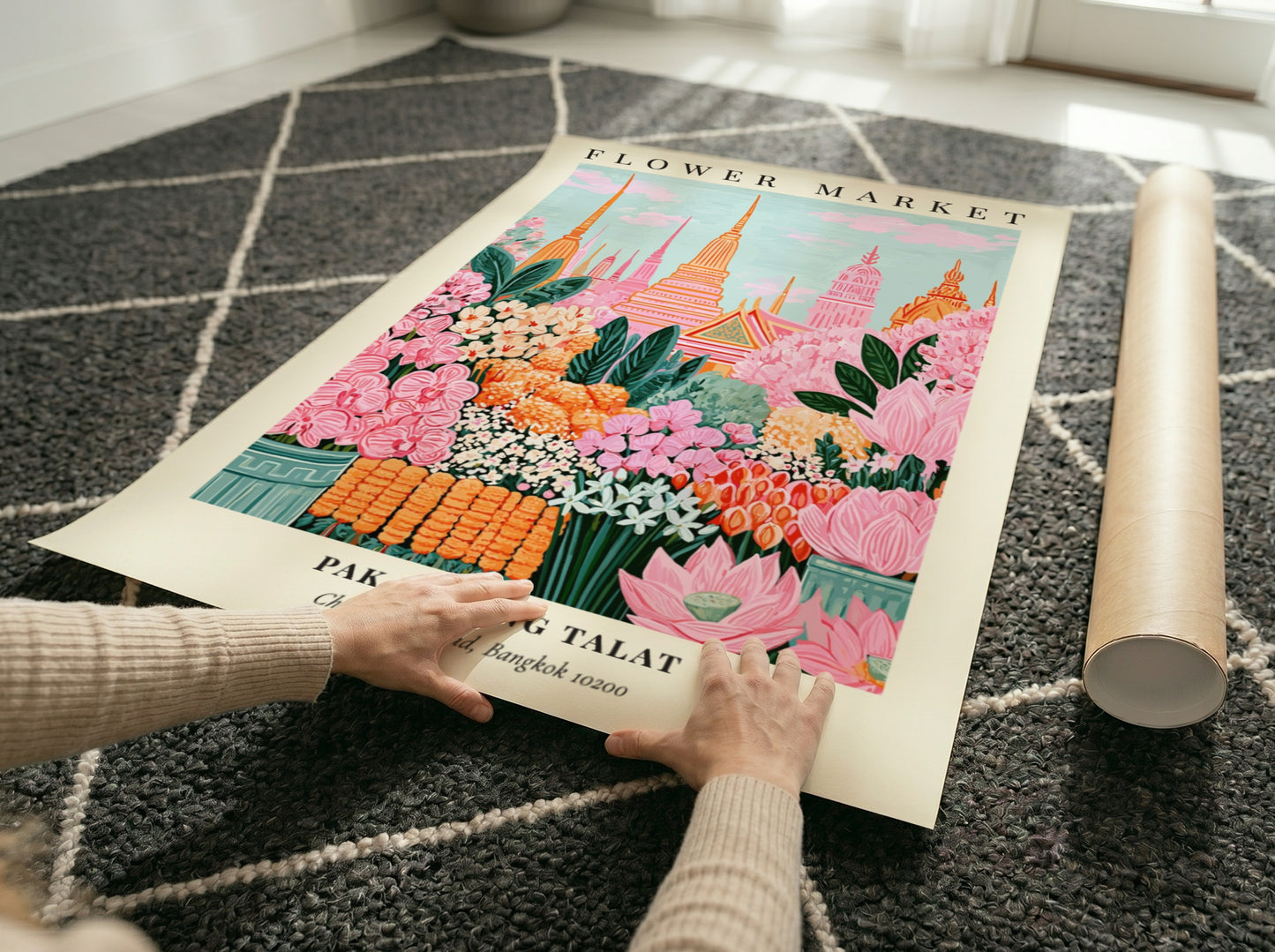 Floral art print featuring vibrant pinks and greens from Pak Khlong Talat Flower Market in Bangkok, perfect