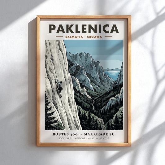 Poster of a climber on a limestone cliff in Paklenica, Dalmatia Croatia, illustrated style.